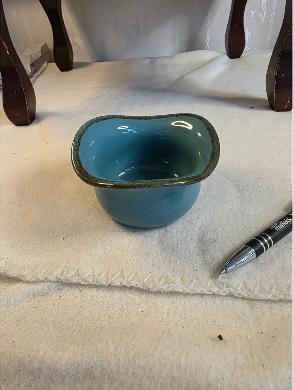 Home Essentials Turquoise Blue Ceramic Mini Bowl Wavy Brown Rim 4.25”